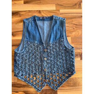 A.J. Denim Vest Women XL Blues Woven Lattice Boho Western Button Front country
